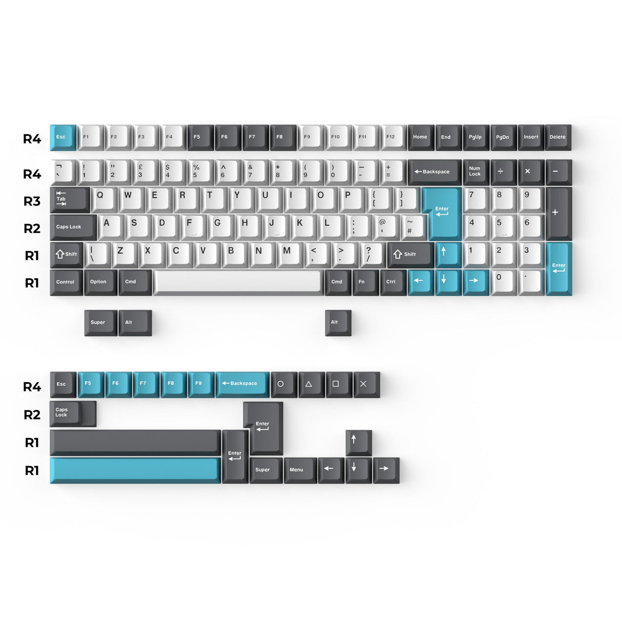 Keychron double-shot PBT Cherry full set keycap set grey white and blue 96% layout UK ISO