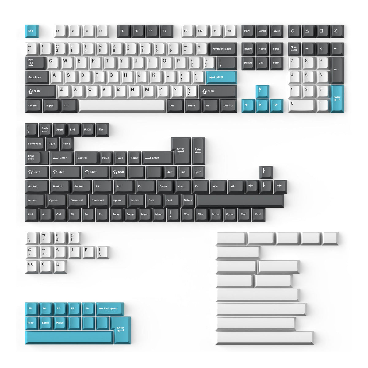 Cherry Profile Double - Shot PBT Full Set Keycaps - Grey, White, and B ...